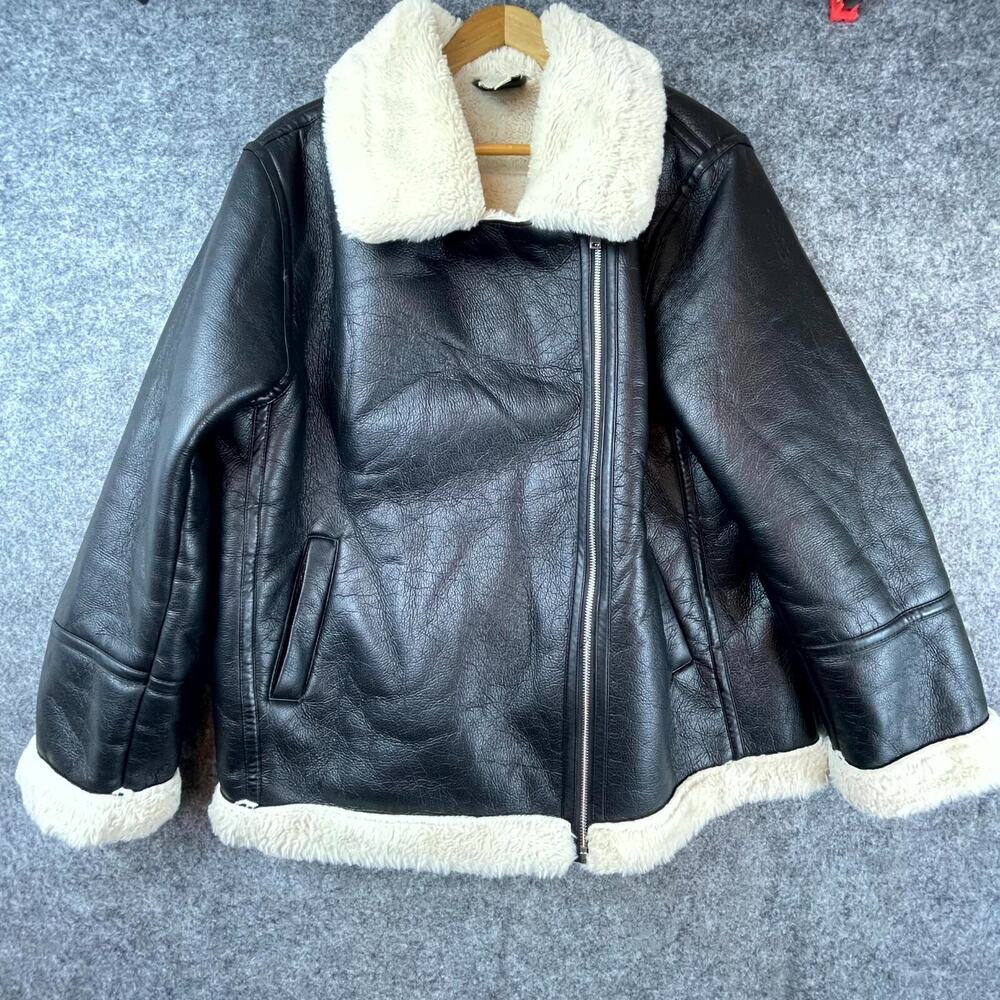 Joie Bomber Jacket Womens Large‎ Black Faux Leather Fur Lined Motorcycle Classic